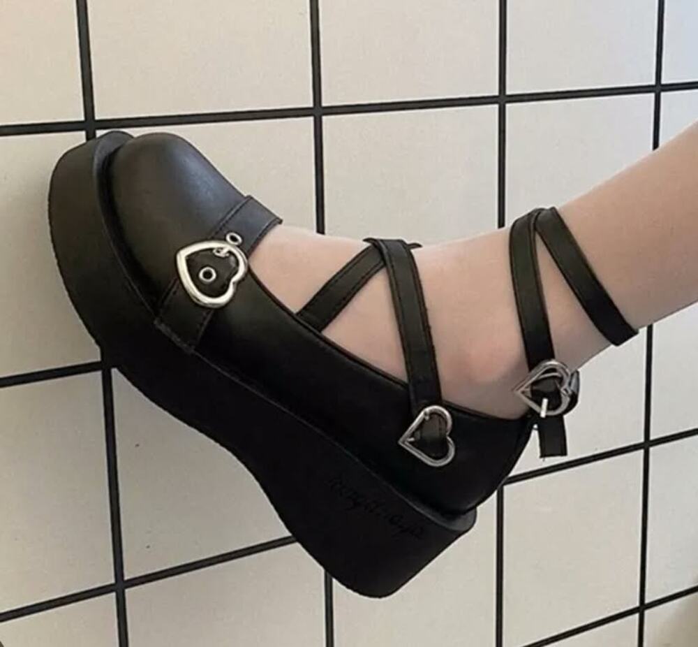 Lolita Mary Janes Black Women's 6.5 Wedge Buckle Strap Creepers Platform Shoes